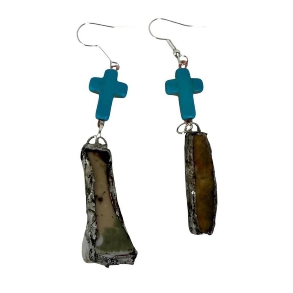 Handmade Turquoise Cross Ceramic Shard Drop Earrings Boho Western Artisan